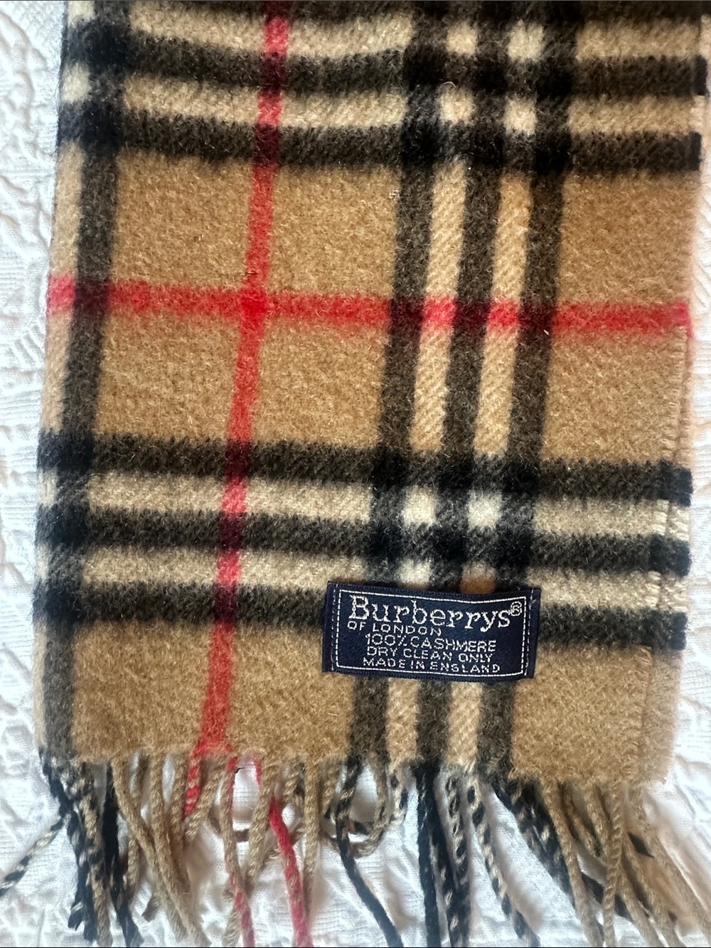 Vintage Burberry Camel Check Scarf with Black and Red Stripes